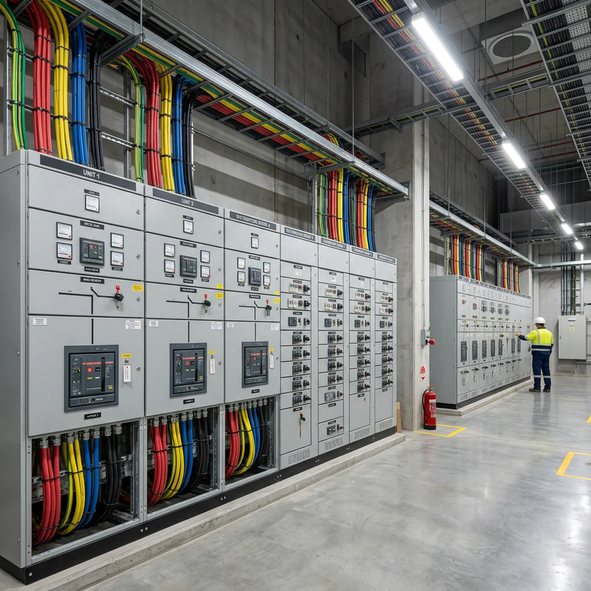 Switchroom with a lineup of grey low-voltage distribution boards, color-coded cables in overhead cable trays and a worker in high-visibility clothing at the far board