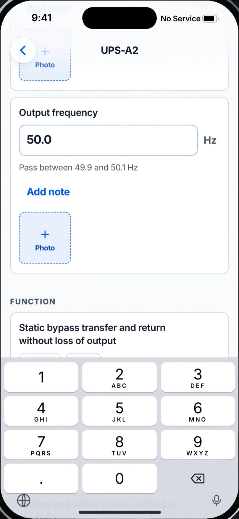 Holdpoint field app check sheet for asset UPS-A2 on a phone, entering an output frequency of 50.0 Hz against a pass range of 49.9 to 50.1 Hz