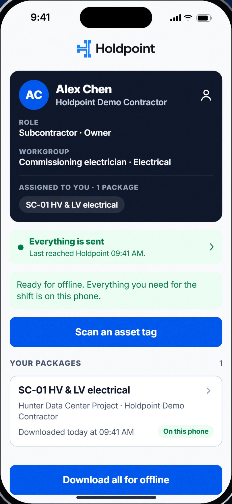 Your packages screen in the Holdpoint field app