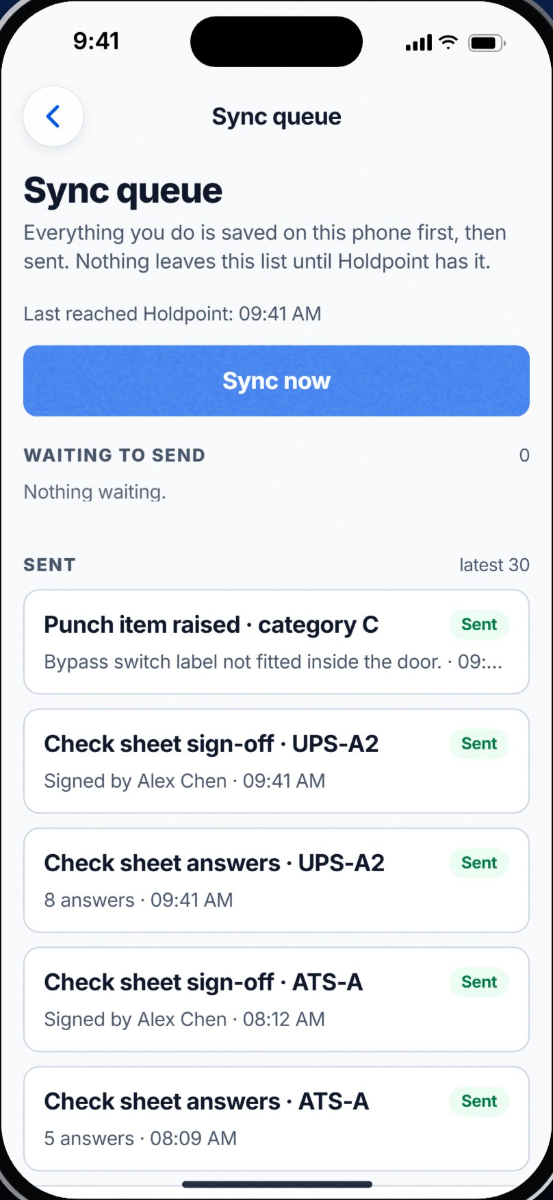 Sync queue screen in the Holdpoint field app